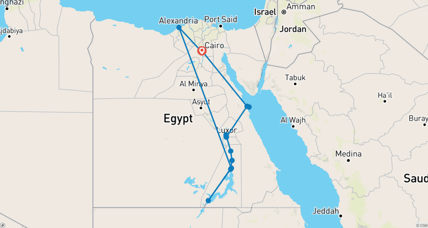 Mapa do percurso de Tour de 14 Dias: Cairo, Alexandria, Cruzeiro no Nilo e Hurghada