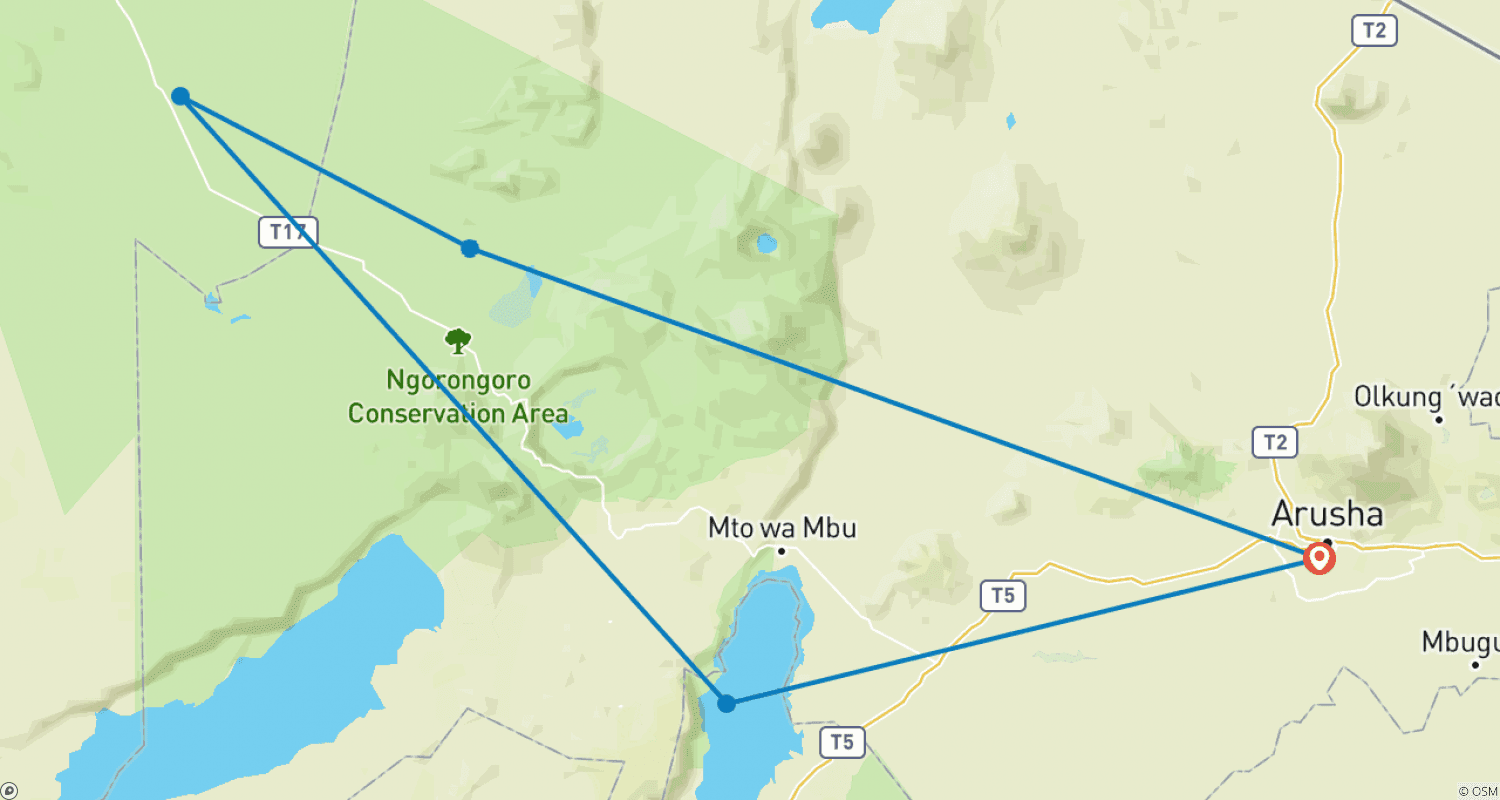 Mapa do percurso de Safari de Acampamento Econômico de 4 Dias no Circuito Norte da Tanzânia