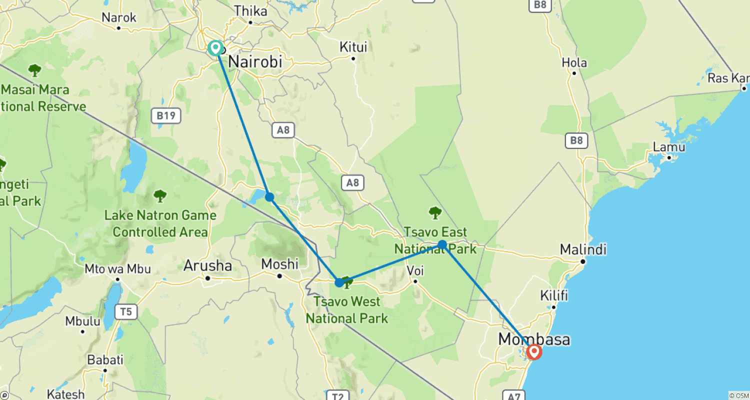 Mapa trasy: 6-dniowe Luksusowe Safari z Zakwaterowaniem w Lodge'ach: Amboseli, Tsavo West, Tsavo East, Mombasa