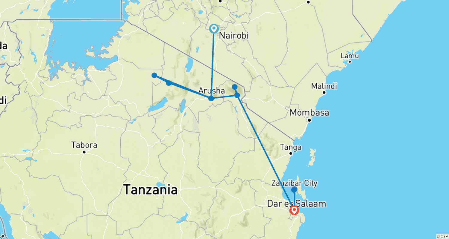 Mapa trasy: Nairobi do Dar Es Salaam (14 dni)