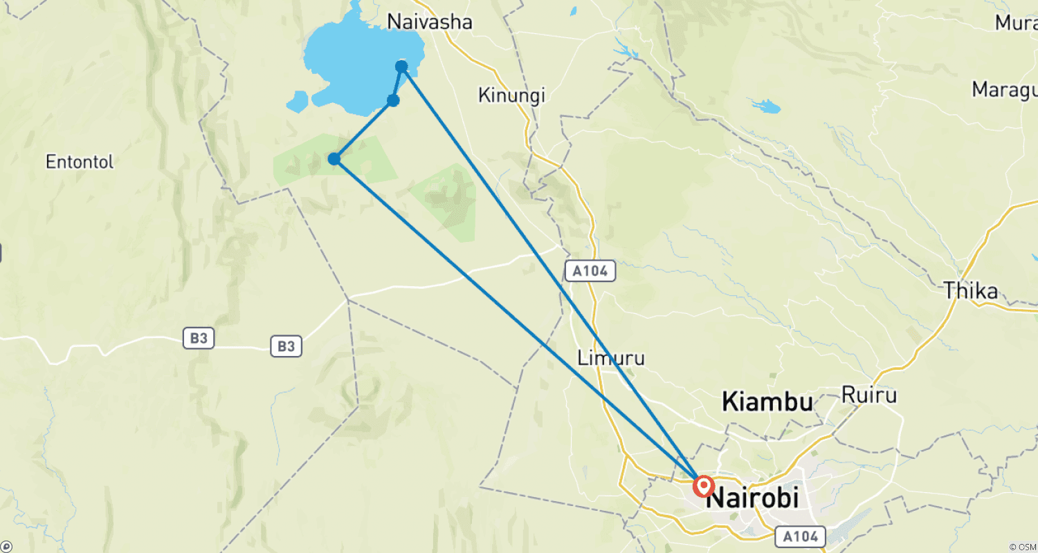 Mapa do percurso de Excursão de 2 dias a Hell's Gate, Lago Naivasha e Ilha Crescent - Partidas Diárias