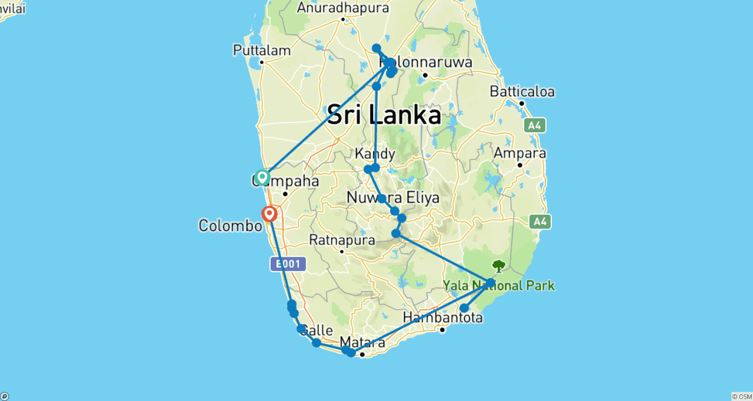 Sri Lanka Paradise - 11 Daysのルートマップ