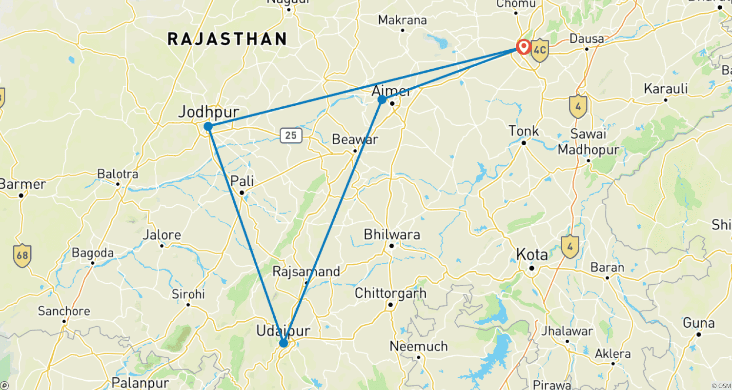 خريطة مسار Rajasthan Cultural Tour – 6 Days Private Tour of Jaipur, Jodhpur, Udaipur & Pushkar
