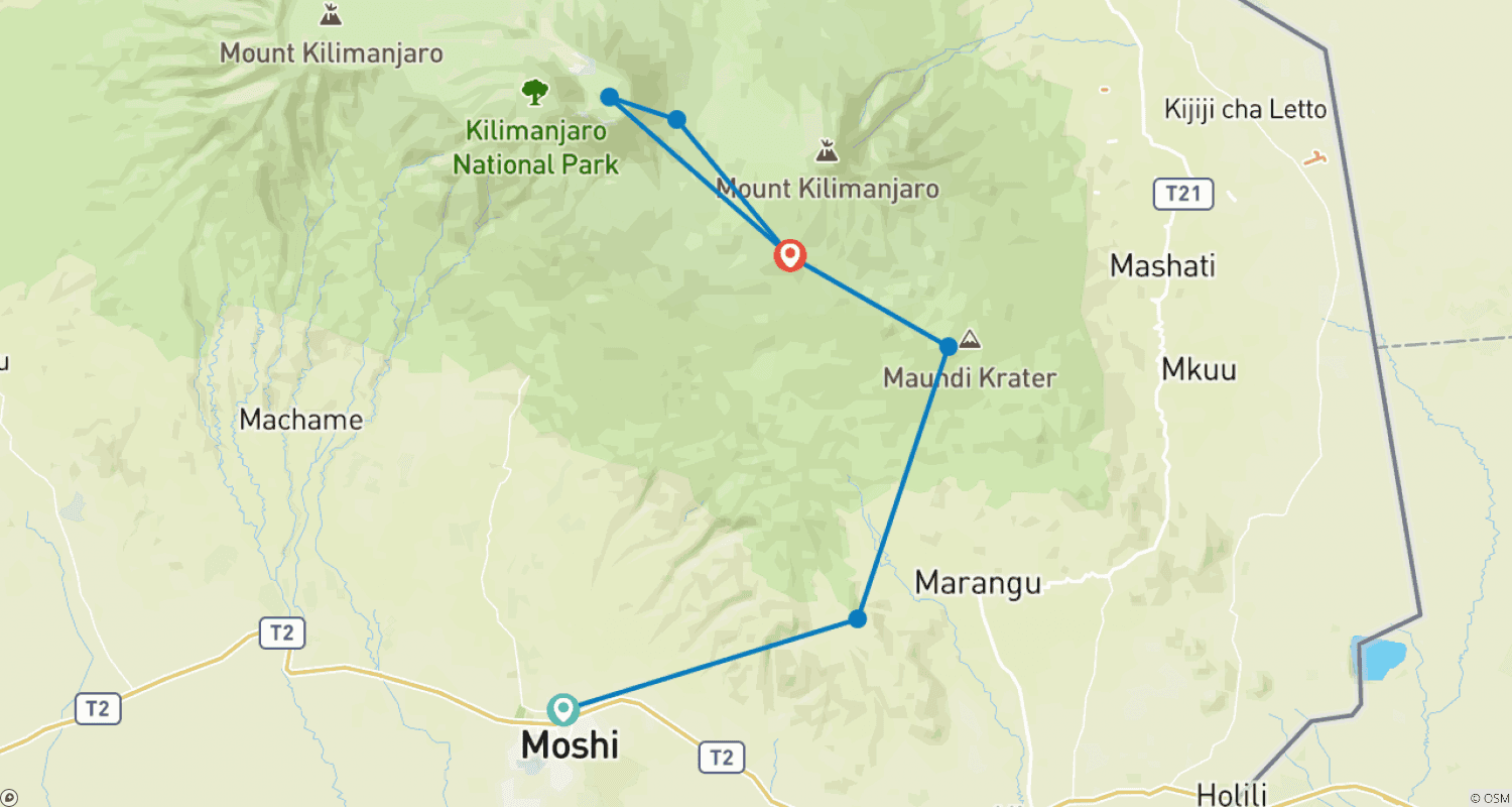 Mapa do percurso de Aventura de 7 Dias no Monte Kilimanjaro: Conquiste a Rota Marangu