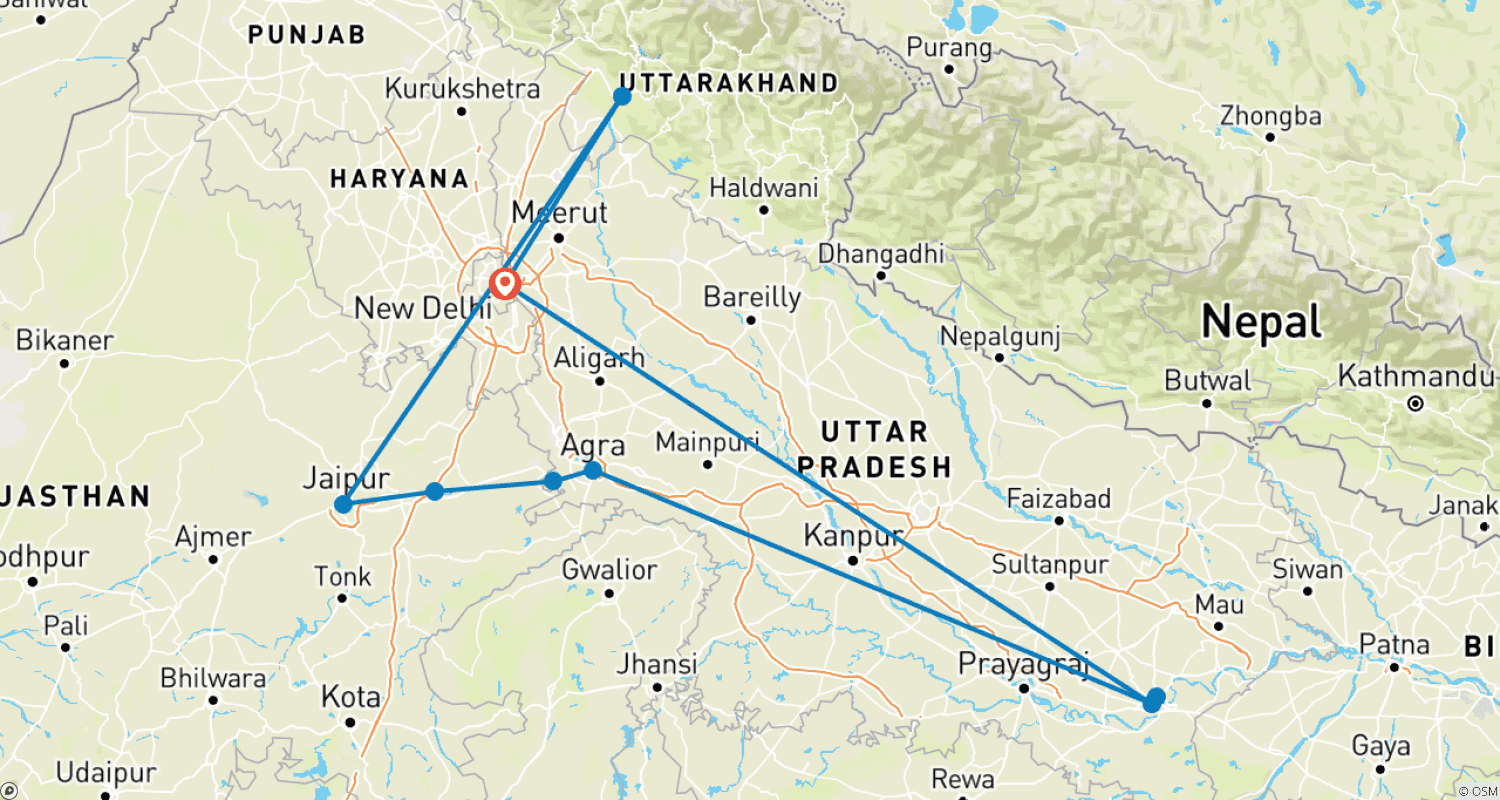 Mapa do percurso de Excursão de 10 Dias por Delhi, Agra, Jaipur, Varanasi [Rio Ganges] e Rishikesh [Yoga]