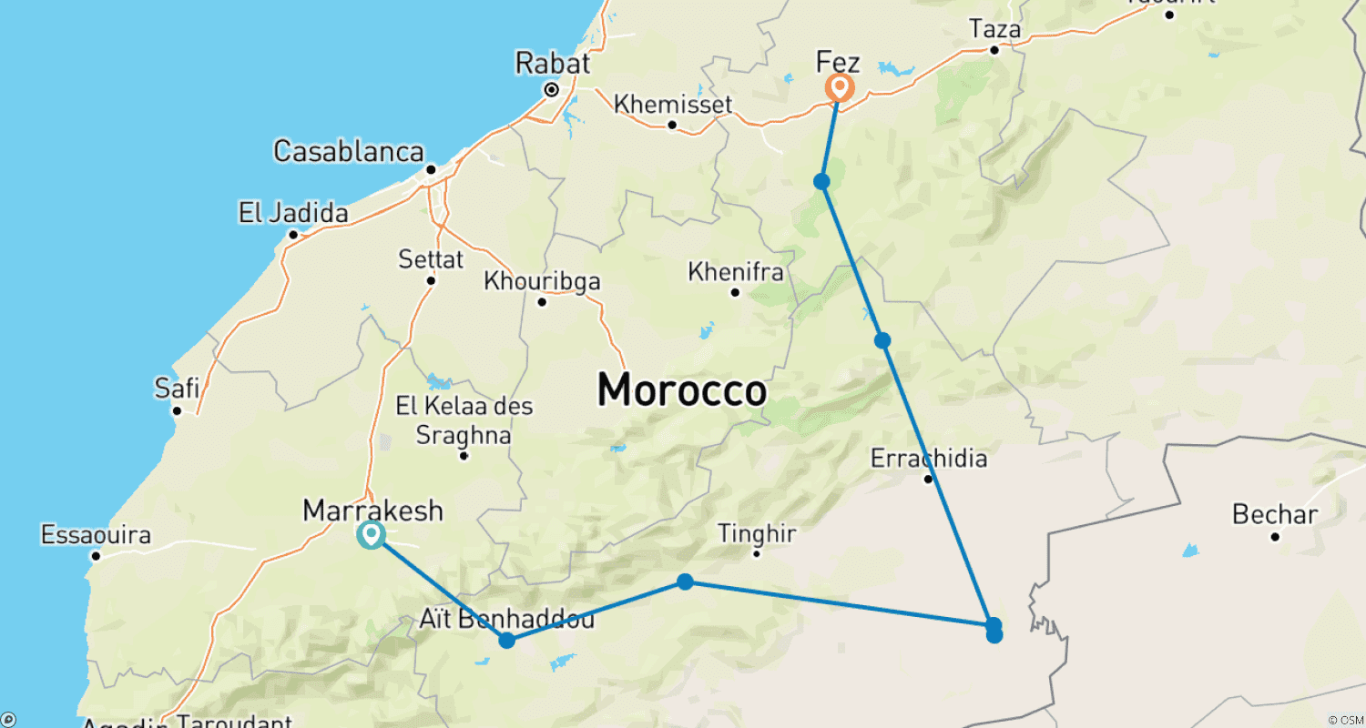 Dessert Tour from Marrakech to Fes 4D/3Nのルートマップ