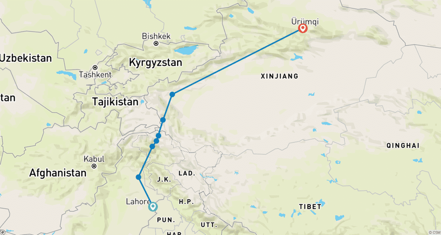Mapa do percurso de Rodovia Karakoram - Caxemira Paquistanesa e China Ocidental