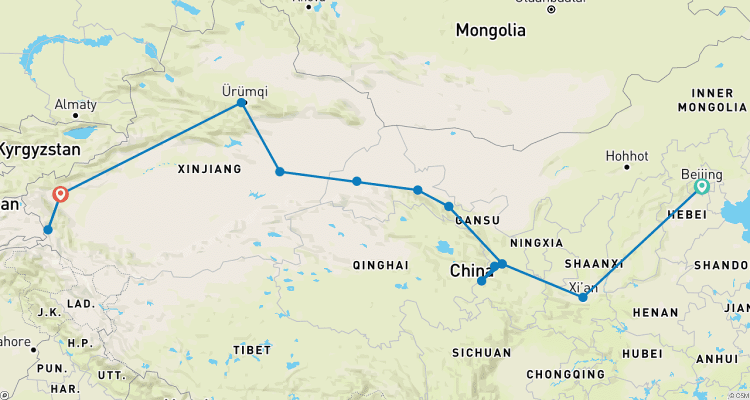 Mapa do percurso de Rota da Seda da China 16 Dias: Pequim, Xi'an, Lanzhou, Labrang, Jiayuguan, Dunhuang, Turpan, Urumqi, Kashgar