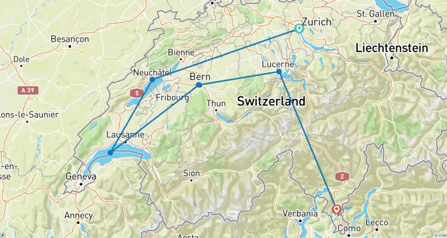 Mapa do percurso de Escapada Suíça