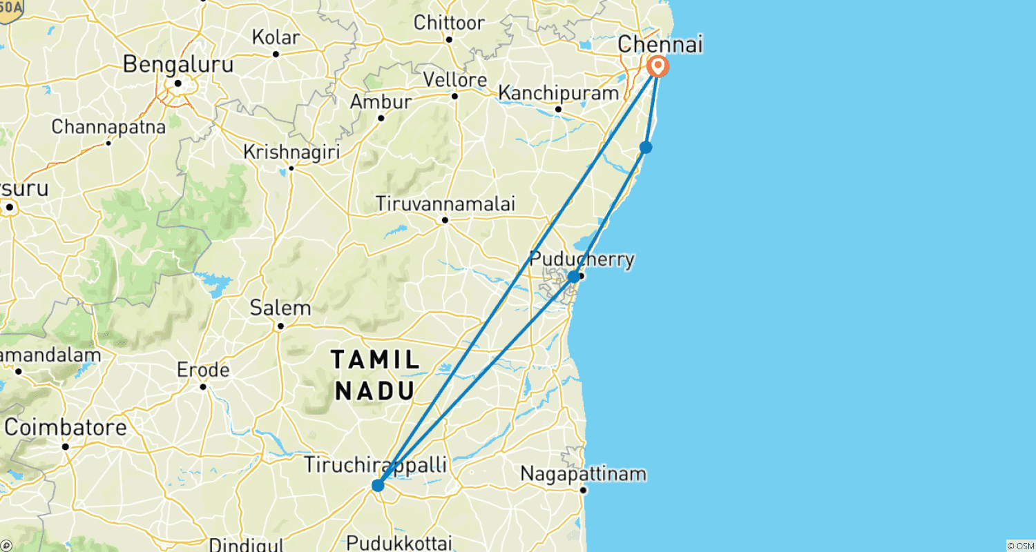 Mapa trasy: Pakiet wycieczkowy po Południowych Indiach z Chennai, Kanchipuram, Mahabalipuram, Pondicherry, Thanjavur, Trichy, w tym posiłki