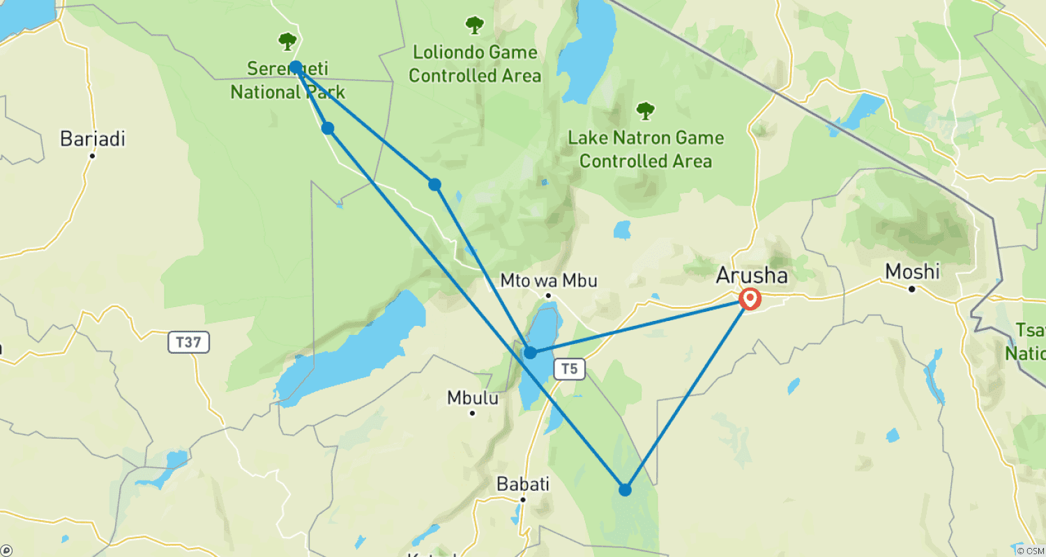 Mapa do percurso de Safari de 5 Dias em Grupo com Alojamento de Categoria Média: Serengeti, Ngorongoro, Tarangire e Parque Nacional do Lago Manyara
