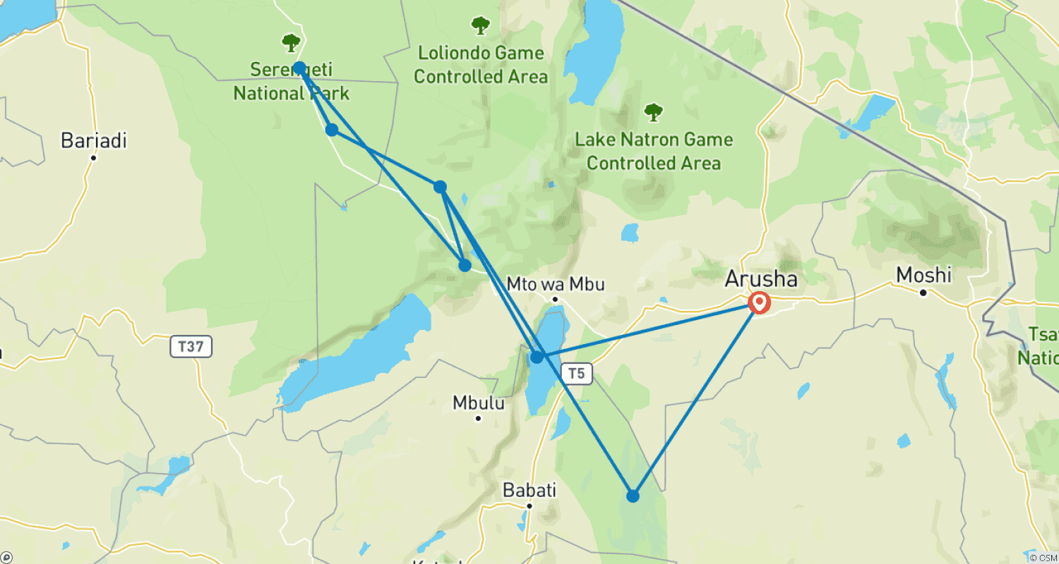 Mapa do percurso de Safári em Grupo de 6 Dias no Serengeti, Ngorongoro, Tarangire, Parques Nacionais do Lago Manyara
