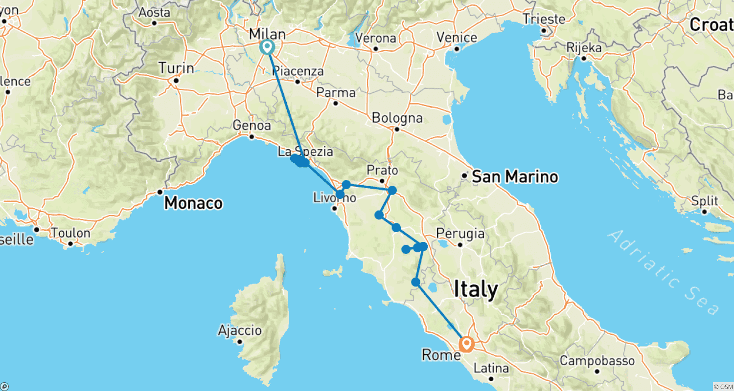 Mapa do percurso de Excursão de 6 dias para Pequenos Grupos por Cinque Terre, Florença e os Sabores da Toscana, partindo de Milão