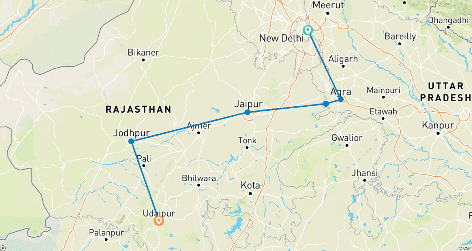 Mapa do percurso de Excursão de 8 Dias ao Triângulo Dourado com Jodhpur Udaipur Rajasthan