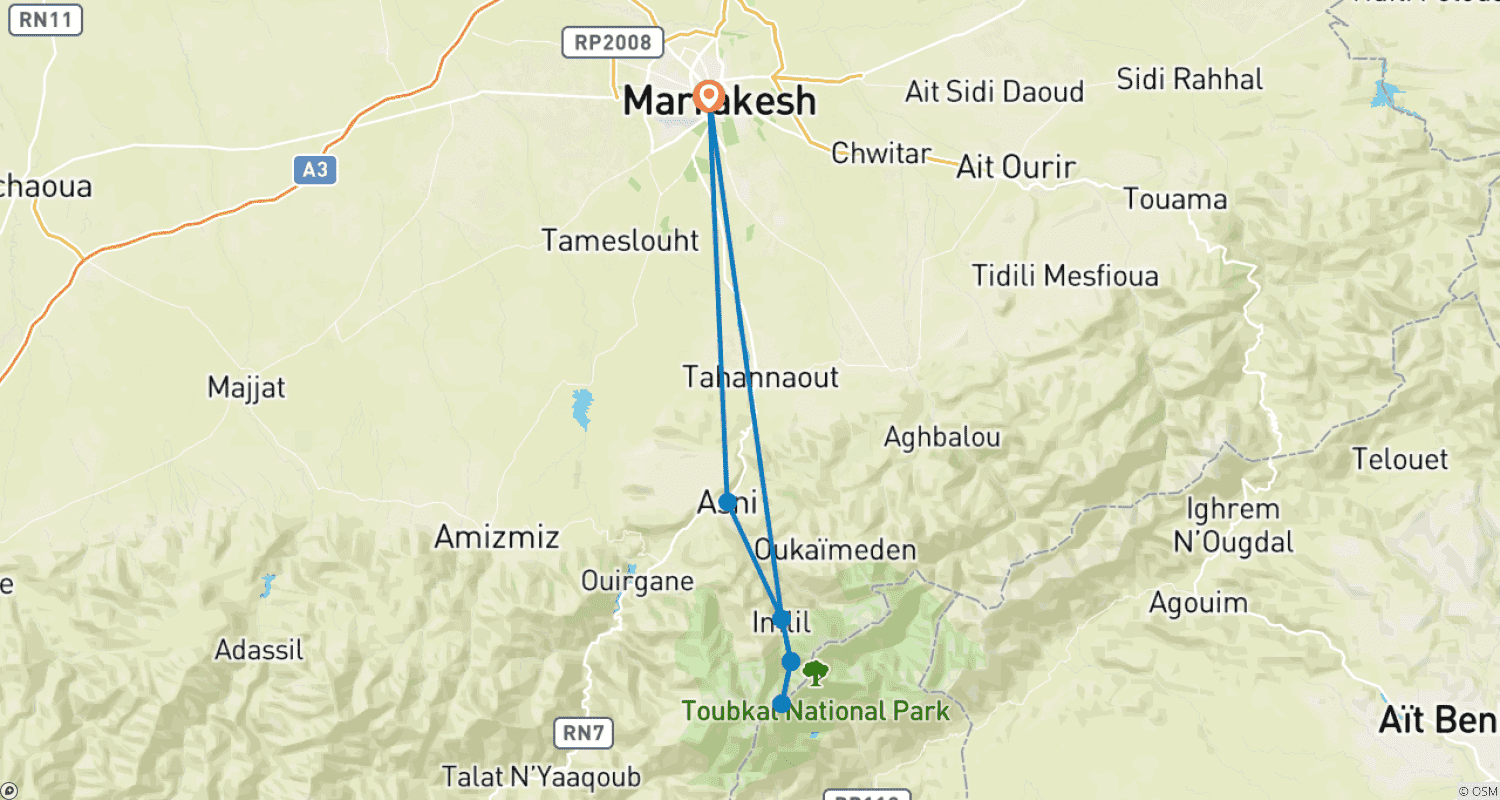 Mapa trasy: 2-Day Mount Toubkal Weekend Trek