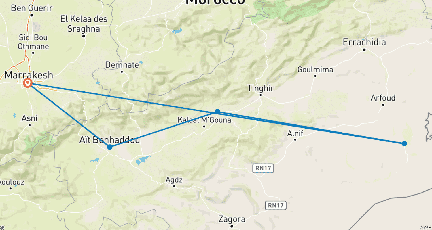 Mapa do percurso de Expedição de 4 Dias ao Atlas e Saara – Dos Picos das Montanhas às Dunas do Deserto