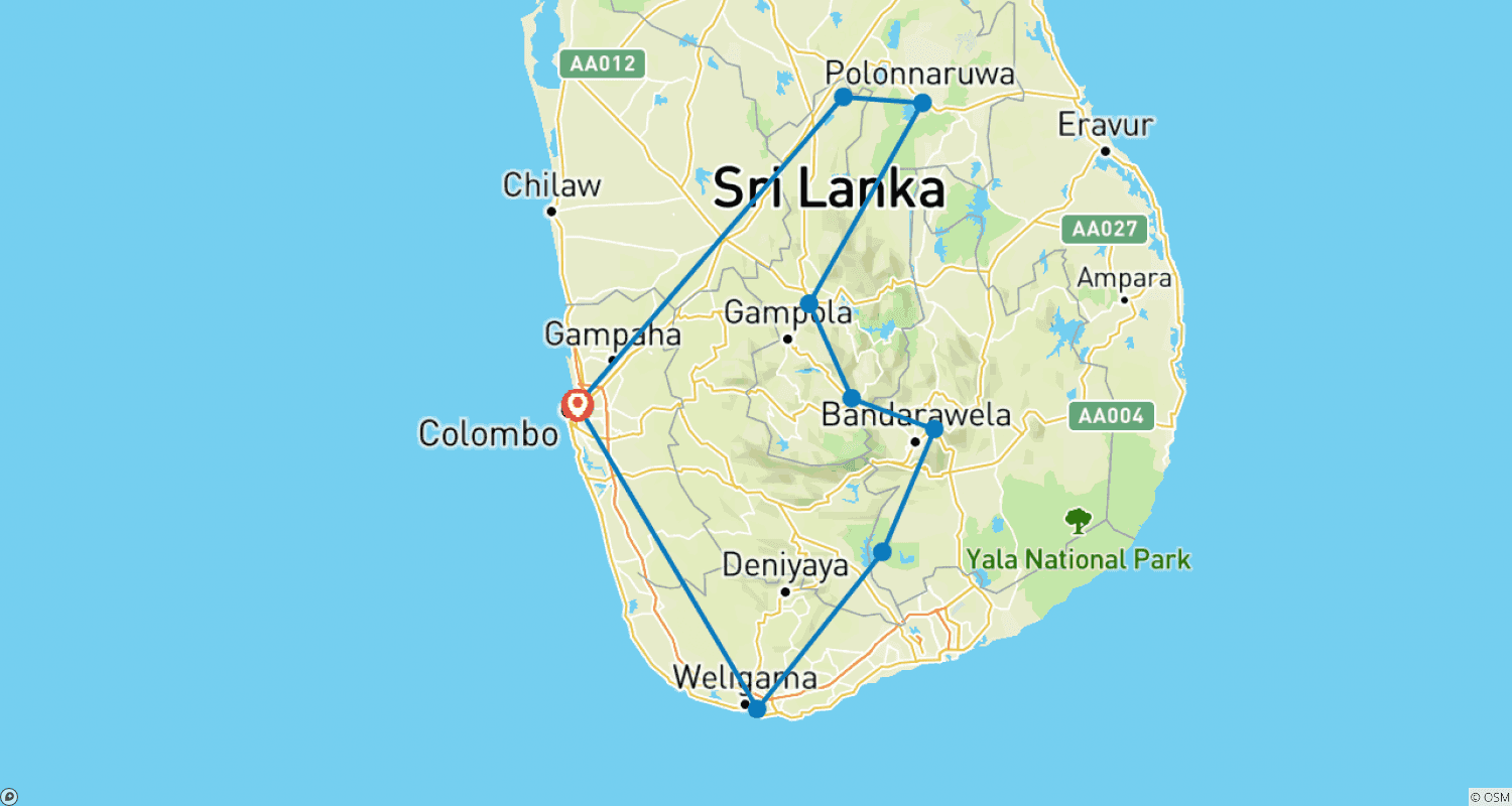 Mapa trasy: Sri Lanka Classic Tour - 7 Days 6 nights with private driver, vehicle and H/B accommodations