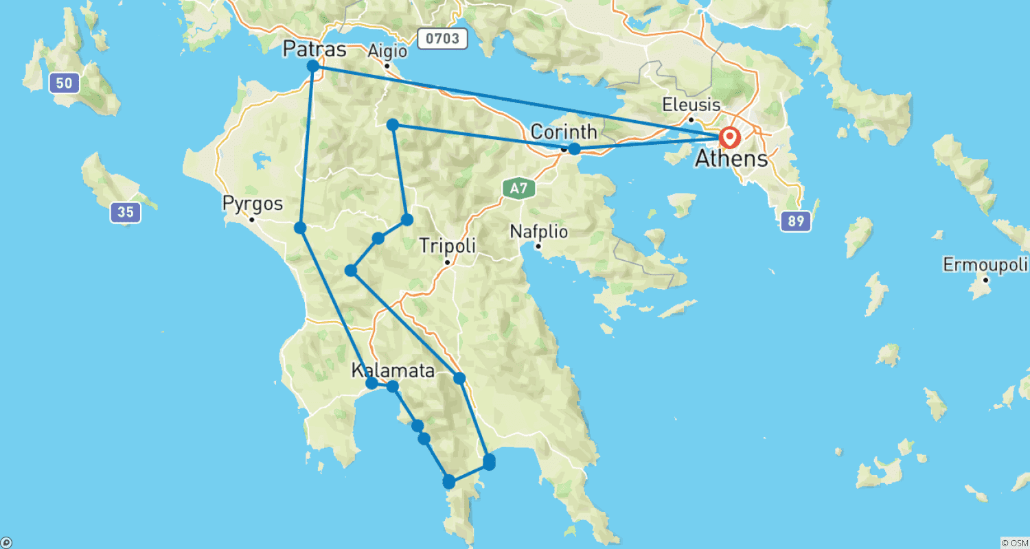 Mapa do percurso de Caminhada pelo Peloponeso de Norte a Sul - E4
