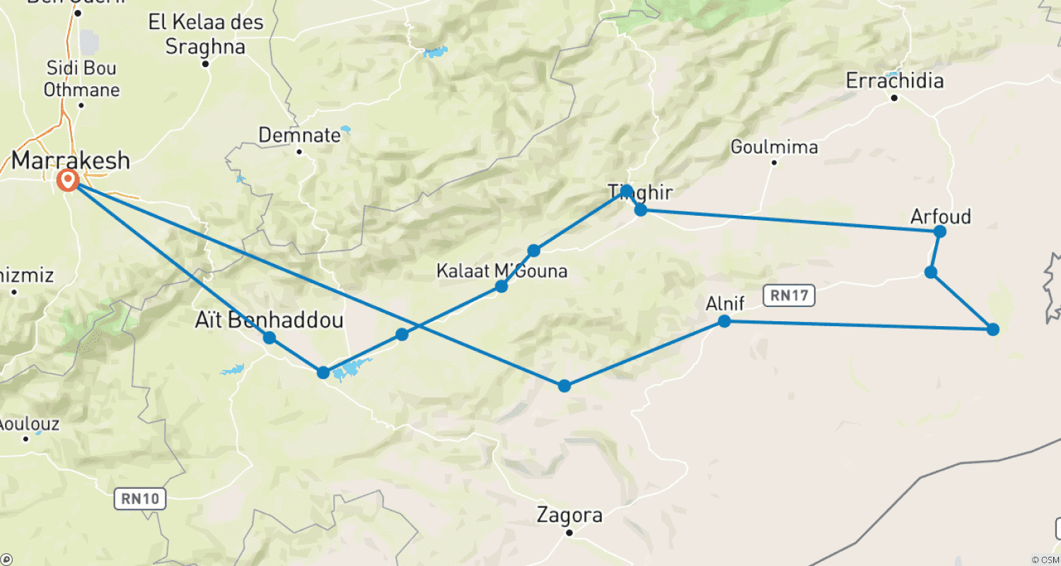 Mapa do percurso de Excursão Compartilhada de 3 Dias e 2 Noites ao Deserto de Merzouga com Pernoite em Acampamento de Luxo
