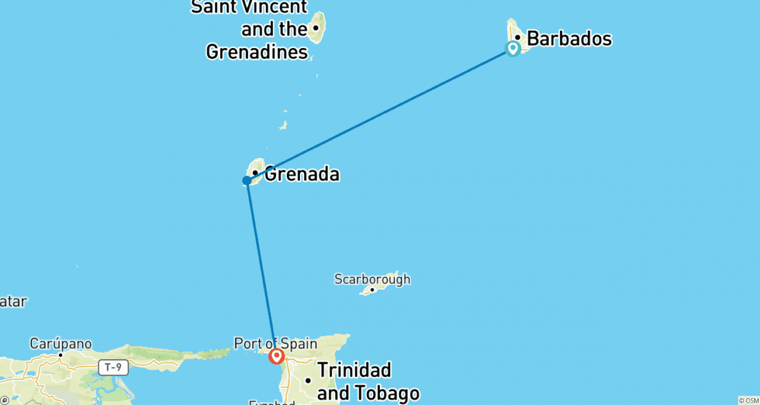 Mapa do percurso de Trabalho+Viagem Barbados, Granada e Trinidad e Tobago (3 meses)