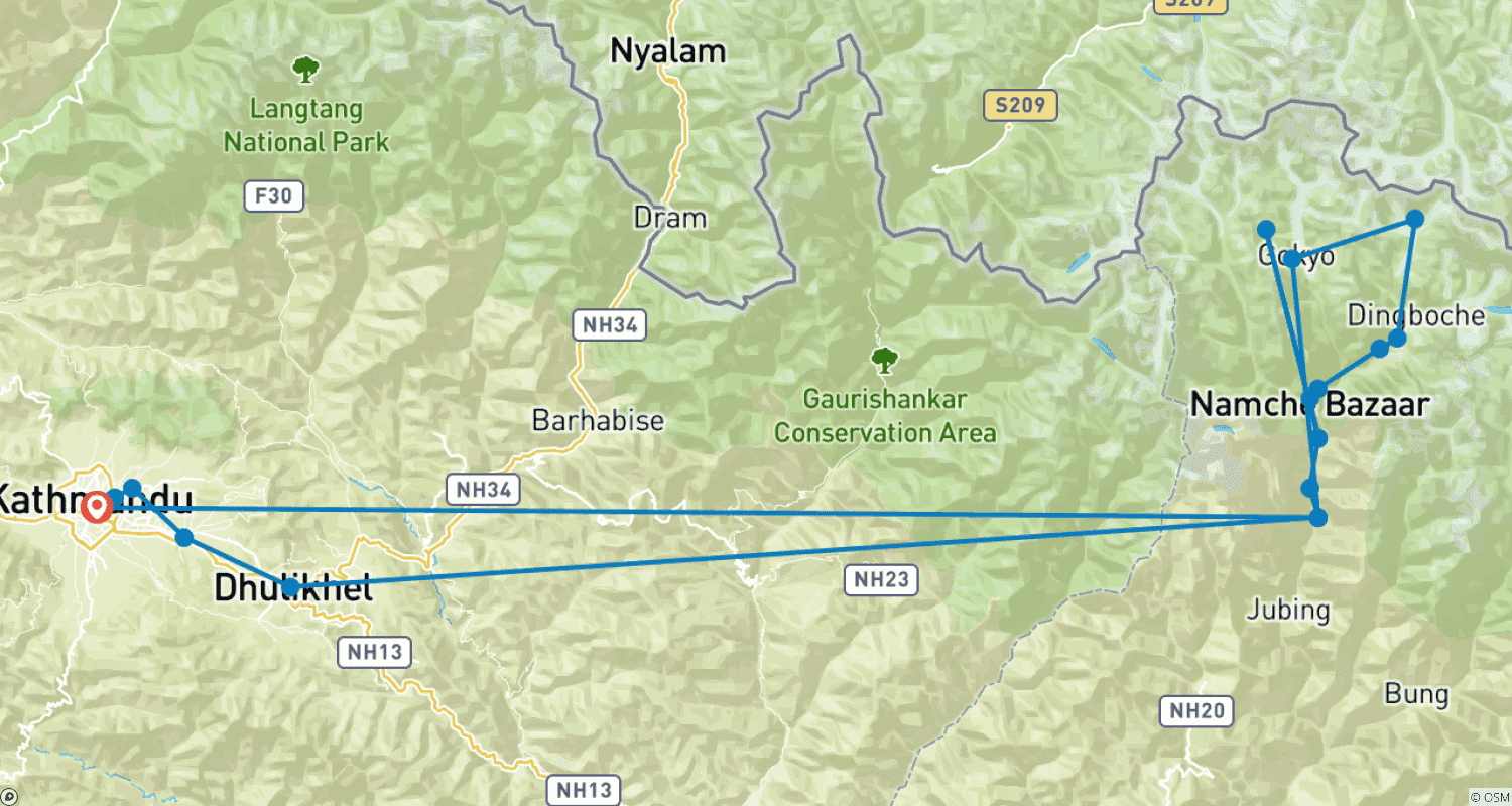 Mapa do percurso de Caminhada VVIP ao Acampamento Base do Everest
