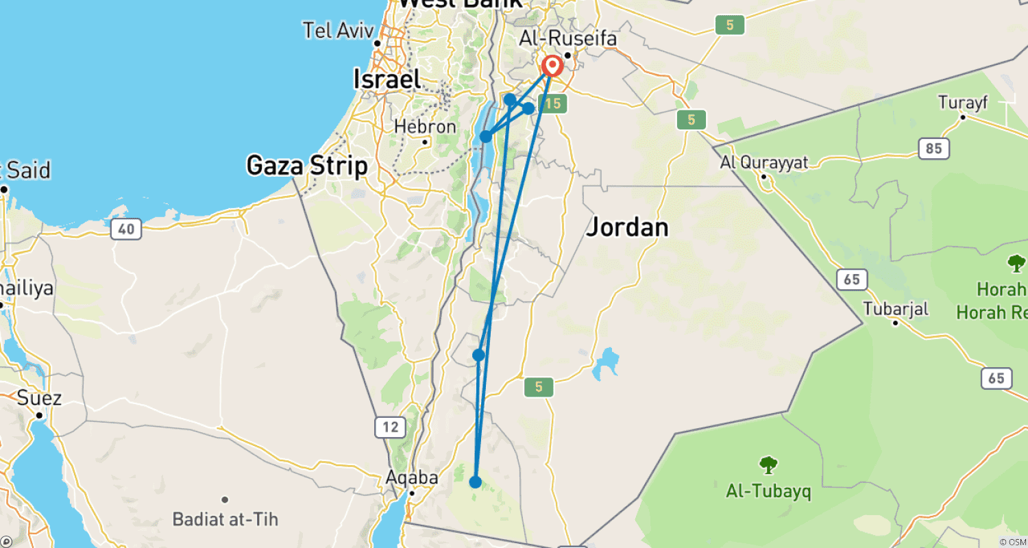 Mapa trasy: 2-dniowa wycieczka z Ammanu - Petra, Wadi Rum, Morze Martwe, Góra Nebo i Madaba