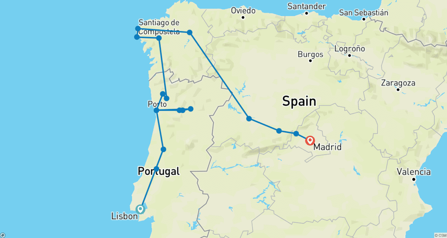Mapa do percurso de Excursão de 6 dias para Pequenos Grupos: Os Encantos de Portugal e Noroeste da Espanha, partindo de Lisboa