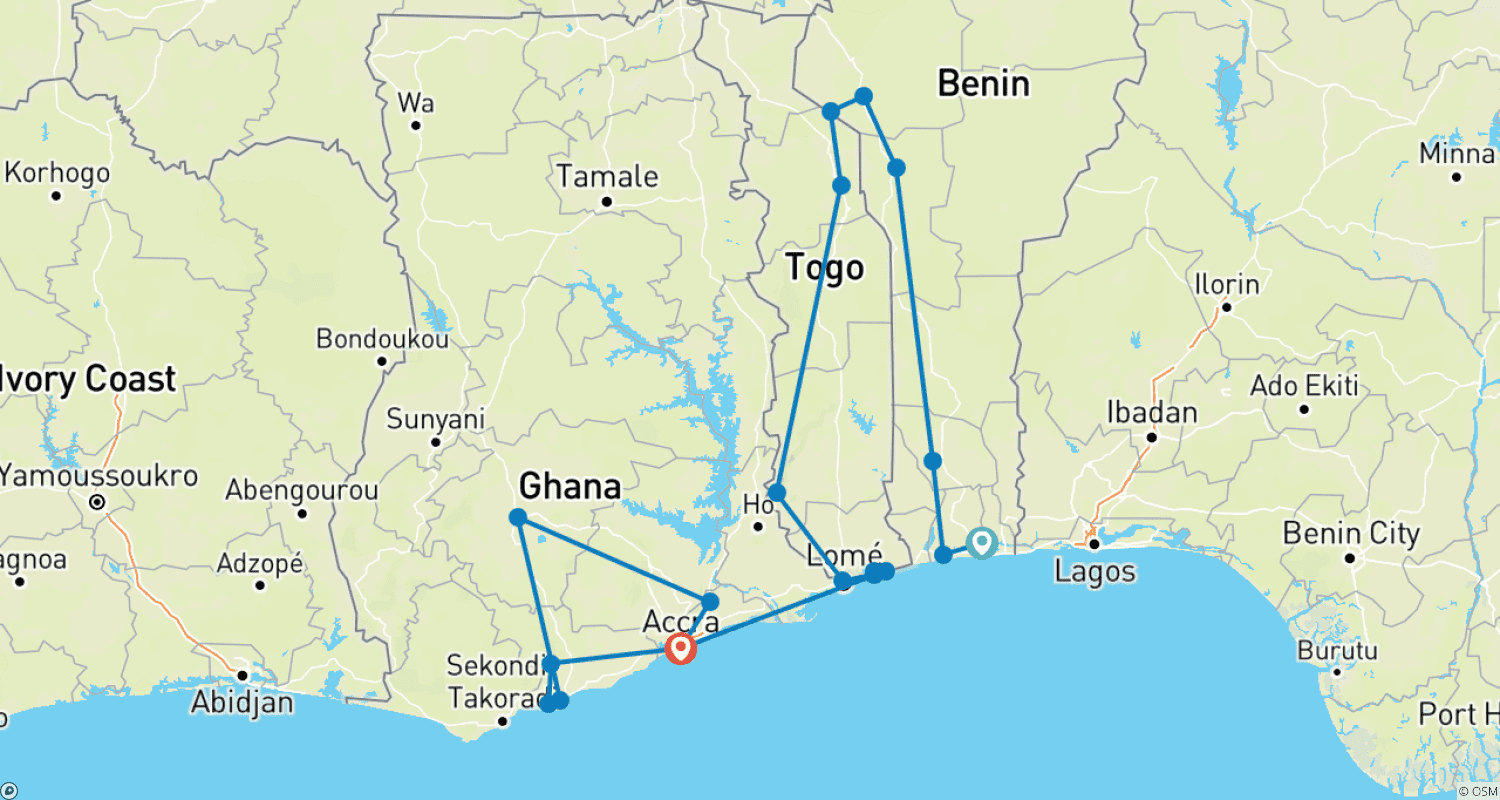 Mapa do percurso de Descubra Togo, Benim e Gana em 14 Dias/13 Noites