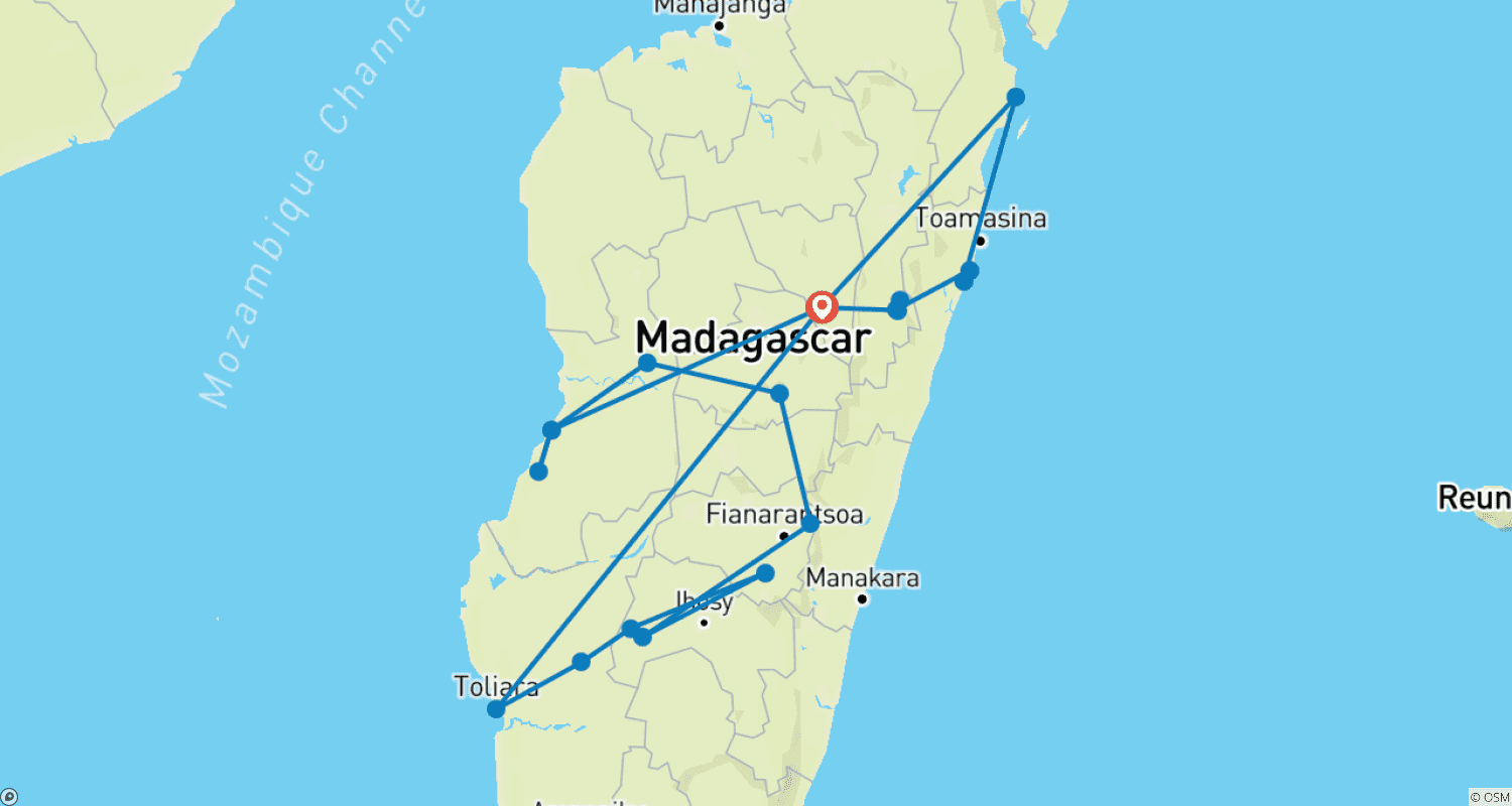 Madagascar Wildlife Tour 14D/13Nのルートマップ