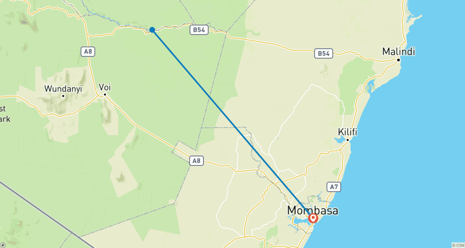 Mapa do percurso de Safári de 2 Dias no Parque Nacional Tsavo Leste Partindo de Mombaça
