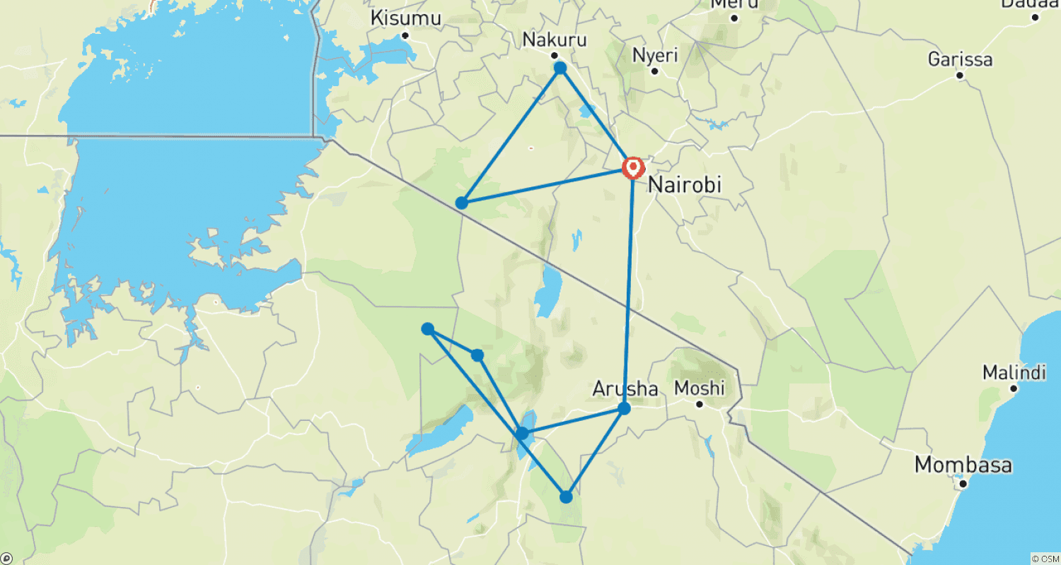 Mapa do percurso de Safari de Acampamento de 14 Dias no Quênia e Tanzânia saindo de Nairóbi