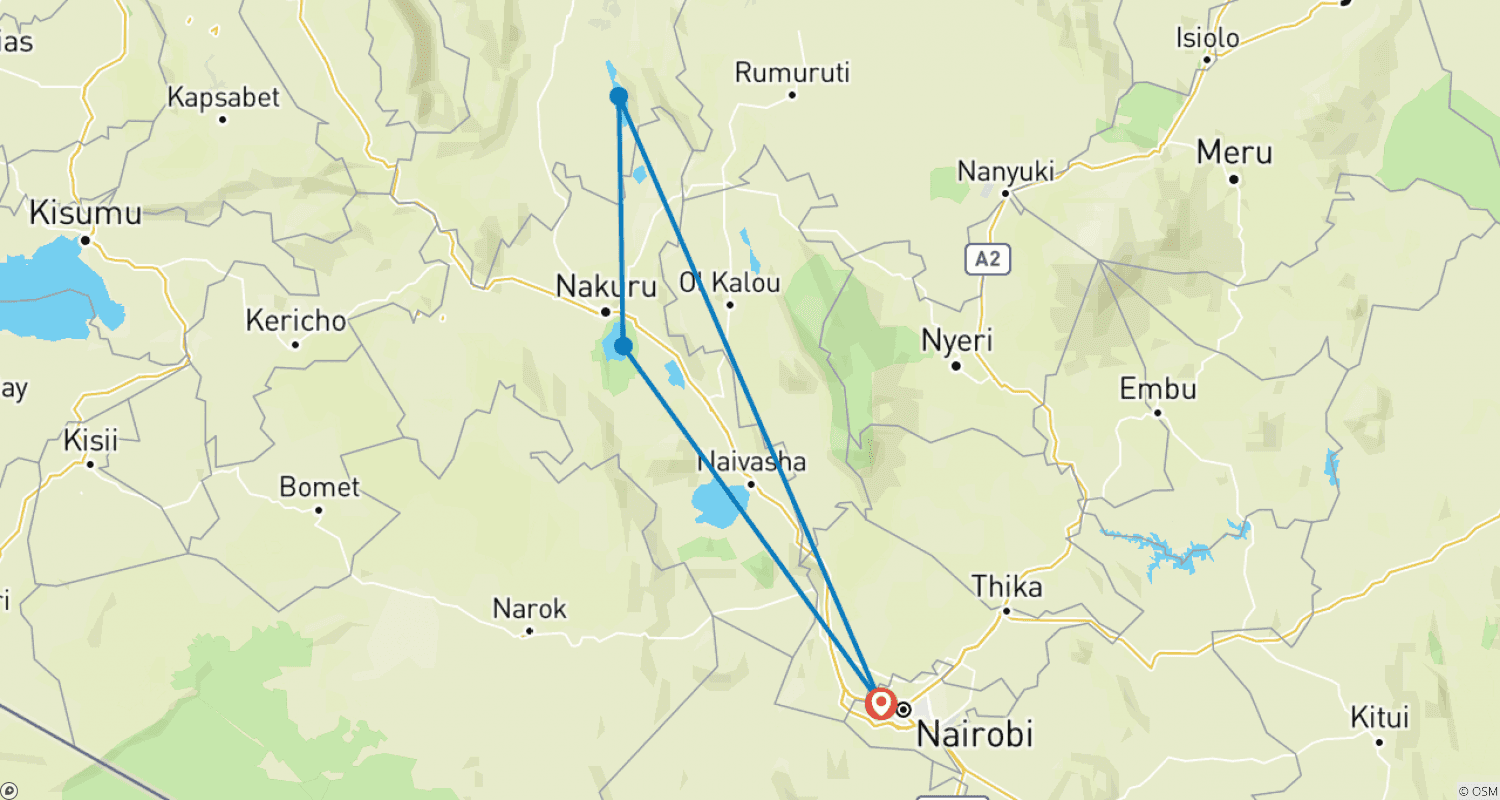Mapa trasy: 2-dniowa wycieczka z przewodnikiem po flamingach do Jeziora Bogoria i Jeziora Nakuru z Nairobi