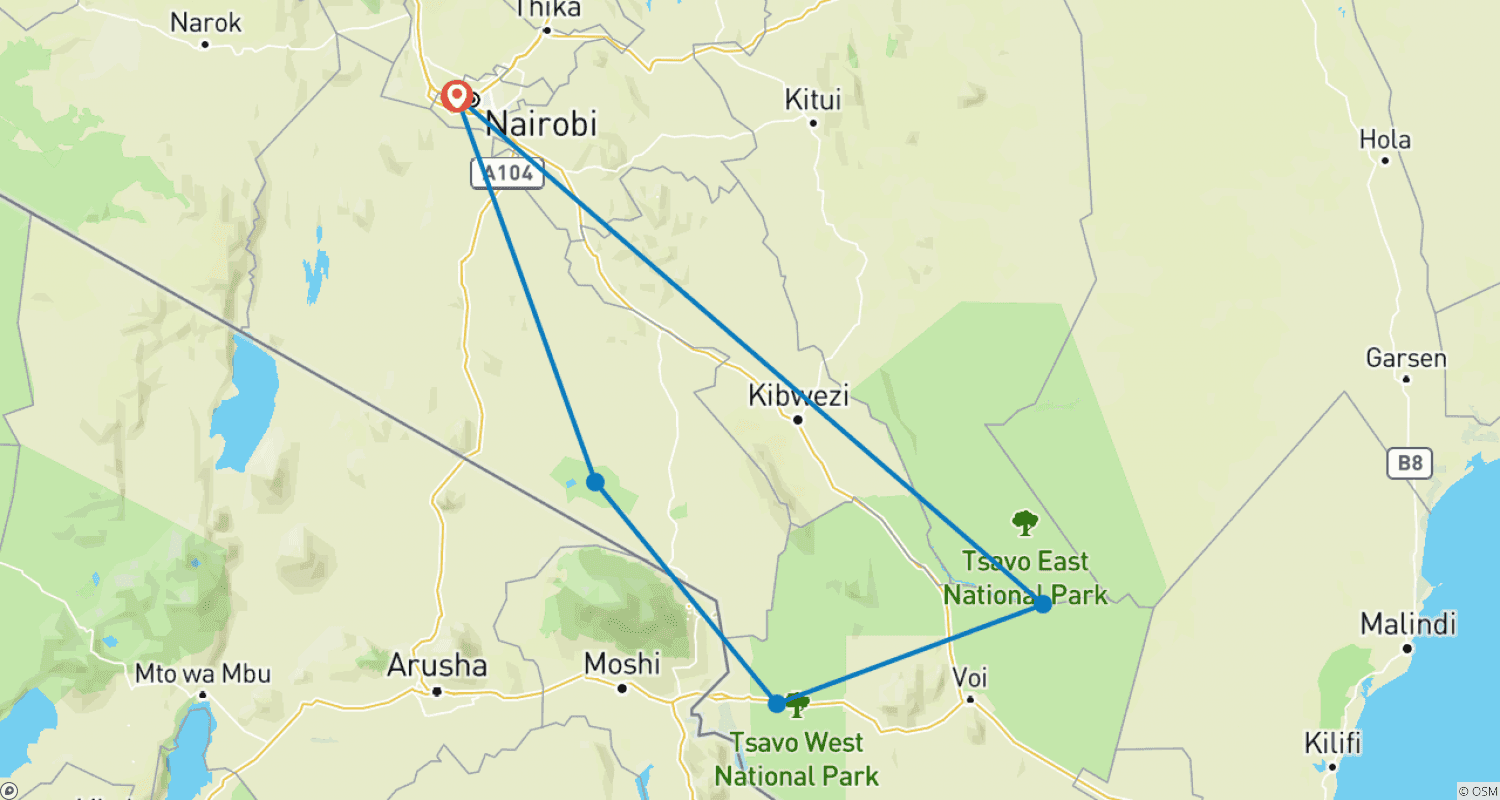 Mapa trasy: 4-dniowe Safari dzikiej przyrody: Safari po Parkach Narodowych Amboseli, Tsavo West i Tsavo East