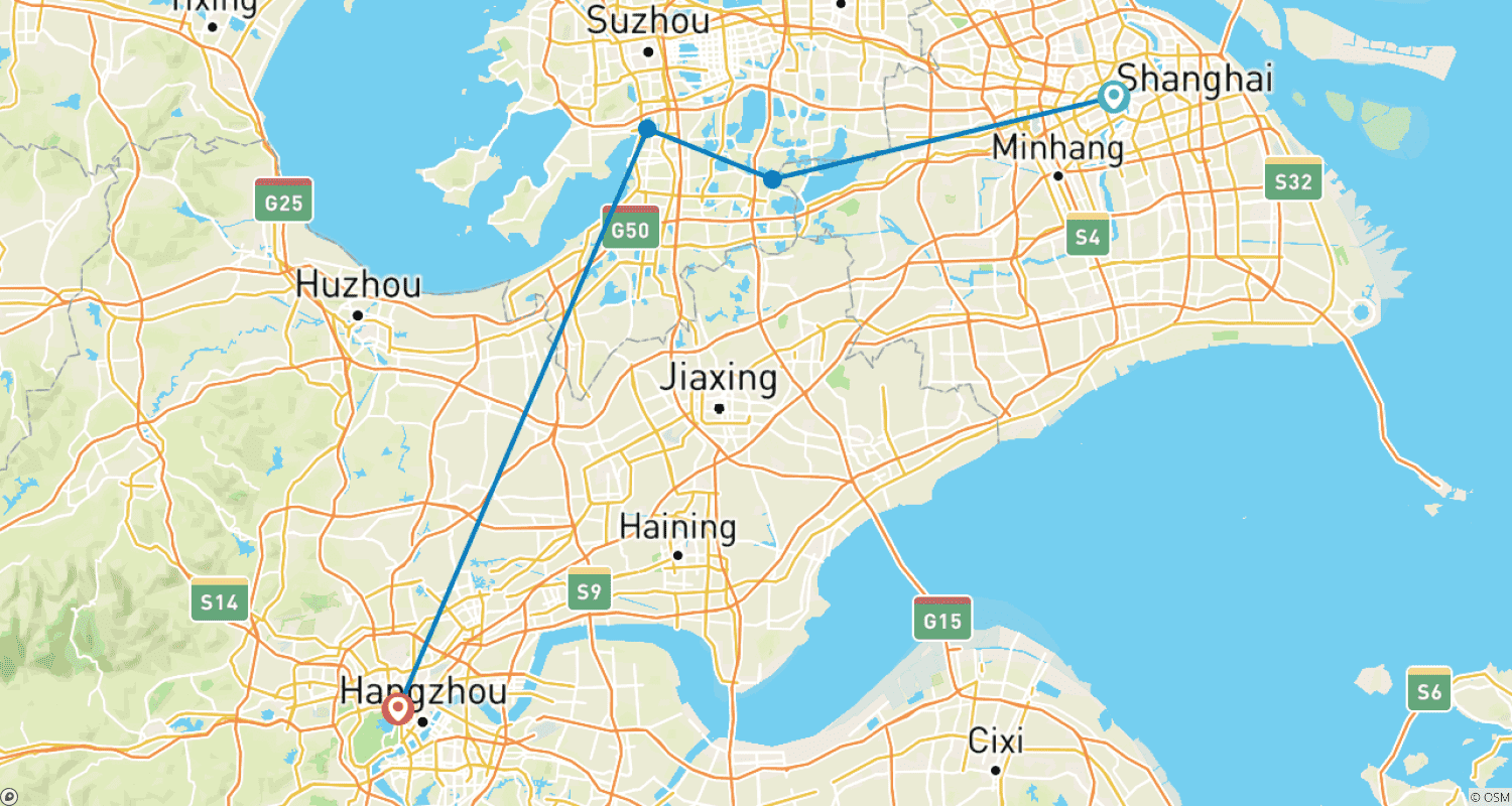 究極の4日間東中国ツアー:上海-周荘水郷-蘇州-杭州のルートマップ