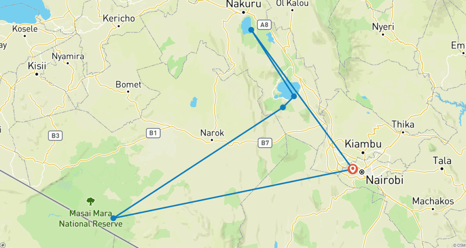 Mapa trasy: 5-dniowe safari w lodżach średniej klasy: Hell's Gate, Jezioro Naivasha, Jezioro Nakuru i Masai Mara