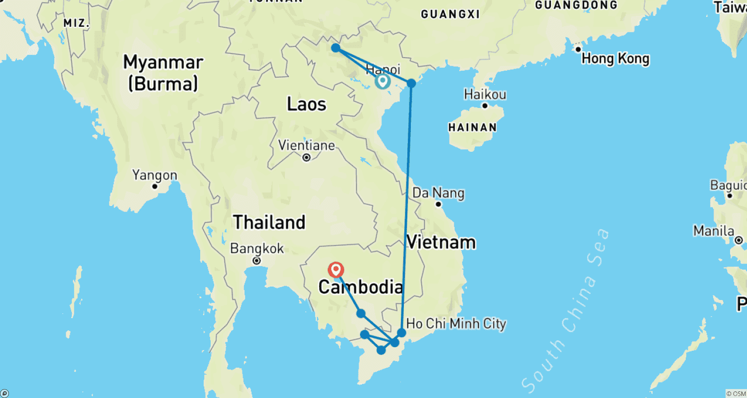 Mapa do percurso de Vietnã - Camboja 14 Dias 13 Noites (Saída pelo Delta do Mekong para o Camboja)