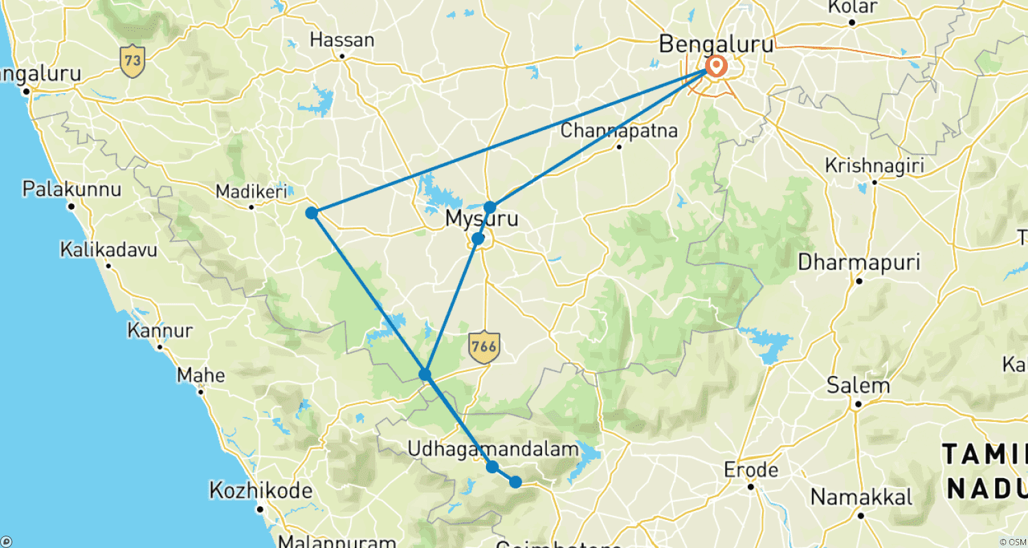 Mapa do percurso de Pacote Mysore - Ooty - Coorg