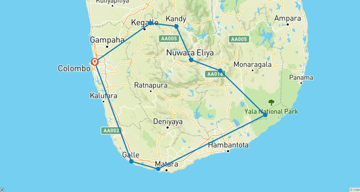 Mapa do percurso de Roteiro de Sri Lanka 7 Dias