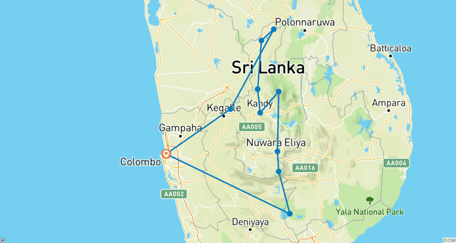 Mapa do percurso de Itinerário de 8 Dias no Sri Lanka