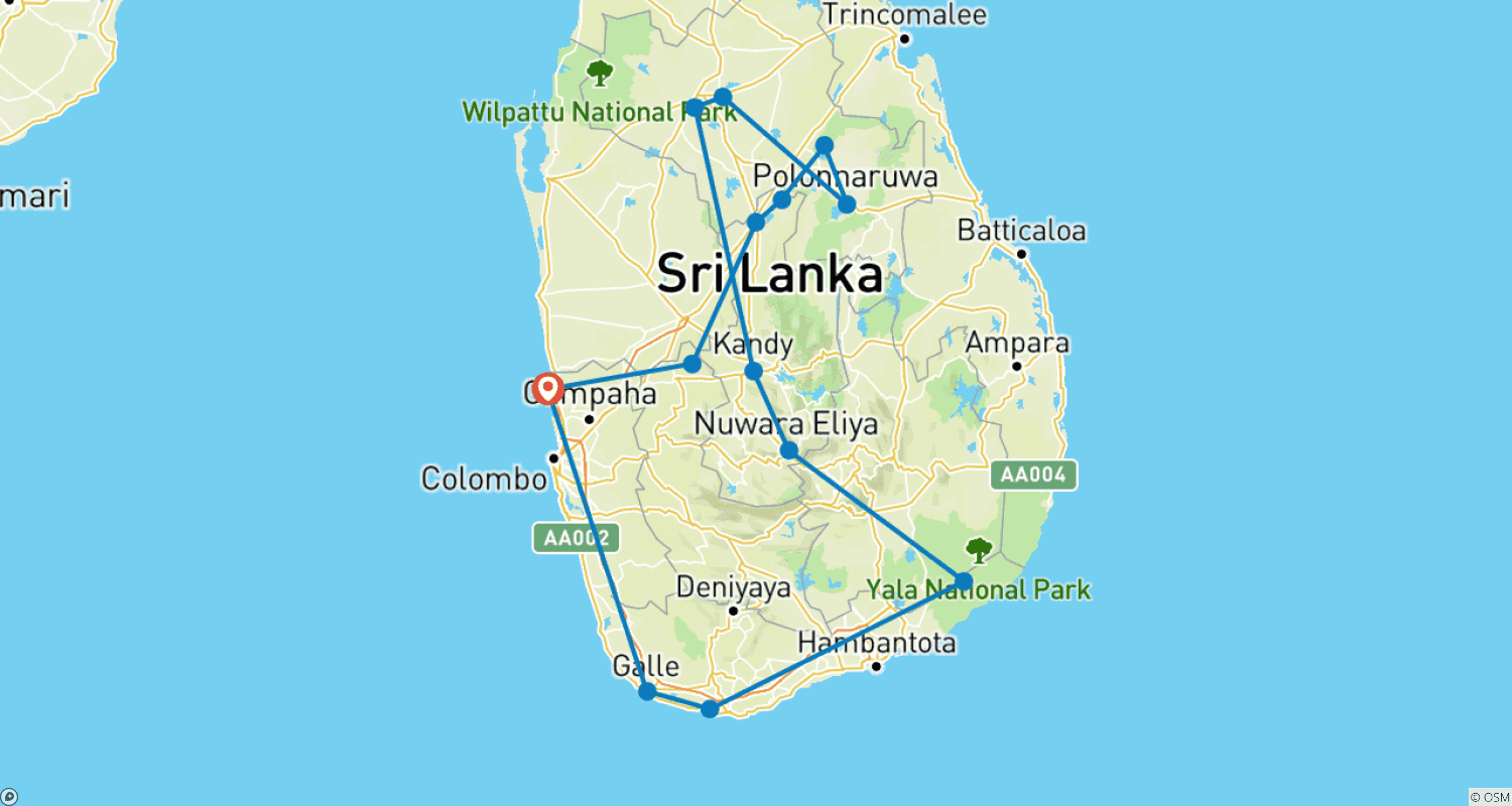 Mapa do percurso de Roteiro de 10 Dias no Sri Lanka