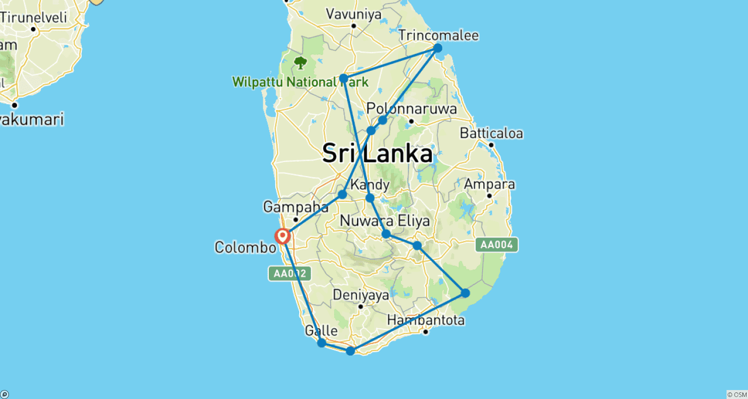 Mapa trasy: 2-tygodniowy plan wycieczki po Sri Lance