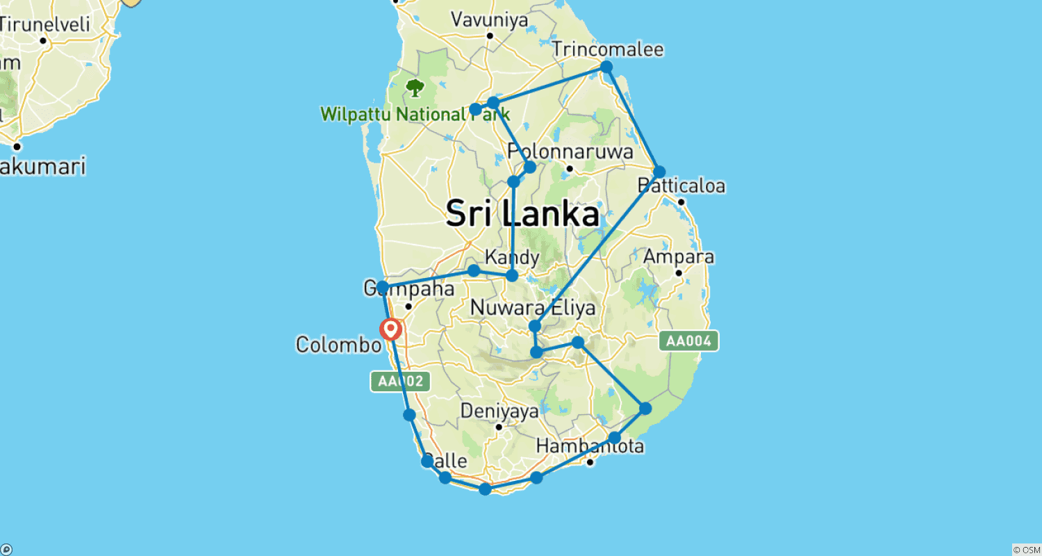 Mapa do percurso de Tour to Sri Lanka 20 Days/19 Nights