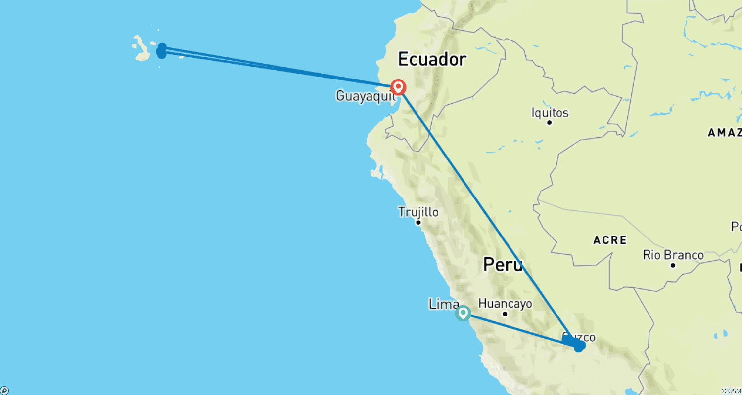 Mapa do percurso de 1 Viagem, 2 Maravilhas: Machu Picchu e as Ilhas Galápagos