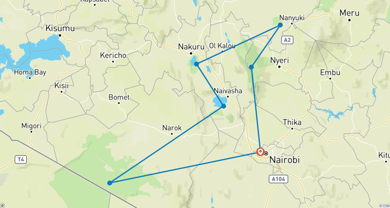 Mapa do percurso de 7-Days Aberdares, Lake Nakuru, Lake Naivasha & Masai Mara - Hot Air Balloon Luxury Safari Included