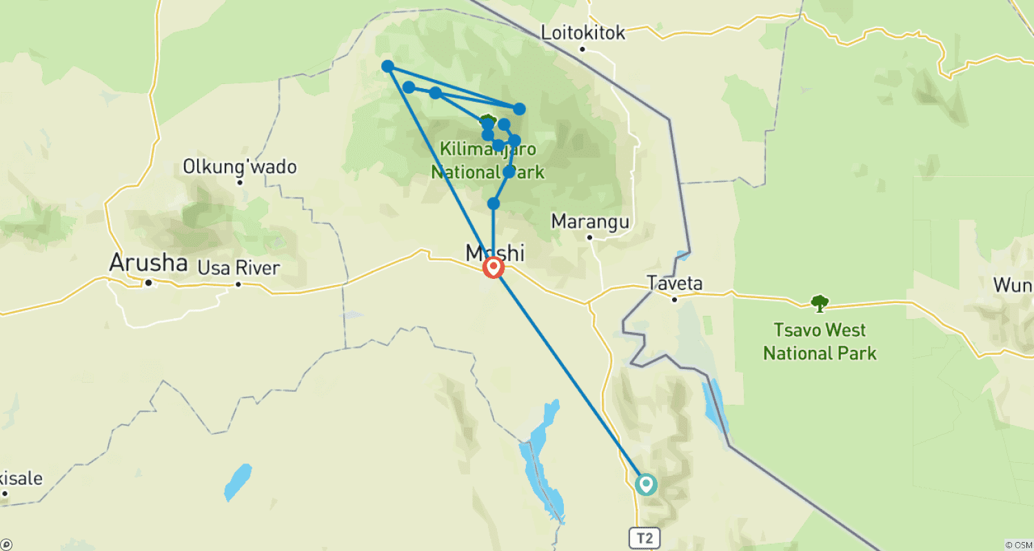 Mapa do percurso de 10 Dias de Escalada no Monte Kilimanjaro Pela Rota Lemosho