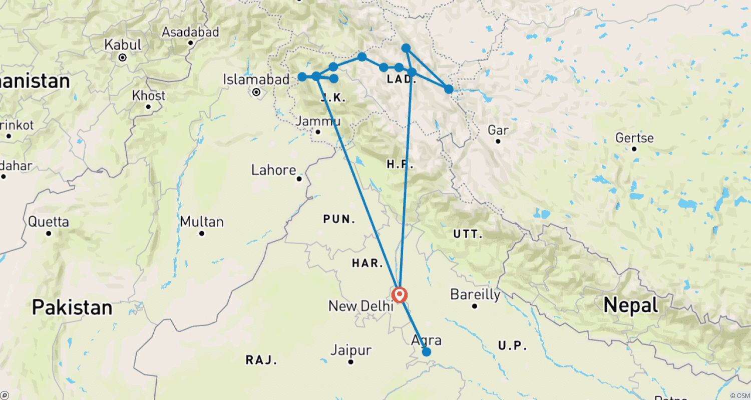 Mapa do percurso de Laddakh The Dream Land with Valley of Kashmir & Taj