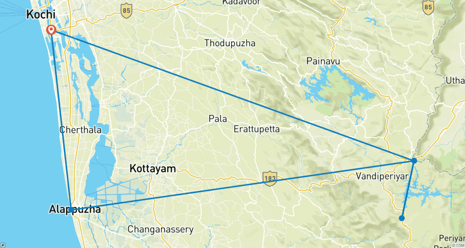 خريطة مسار Cochin to Thekkady & Alleppey