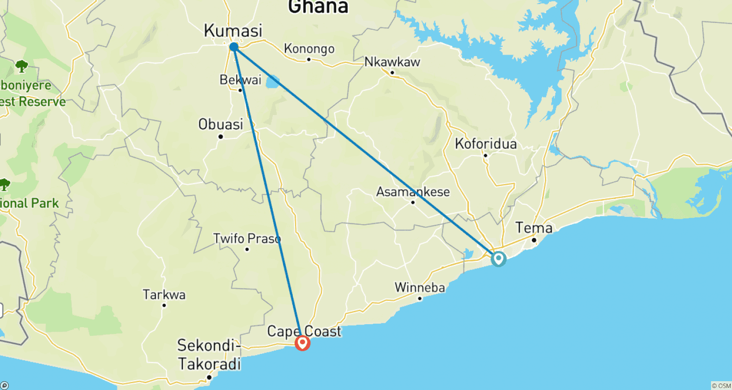 Mapa trasy: 4-dniowa wycieczka po Ghanie