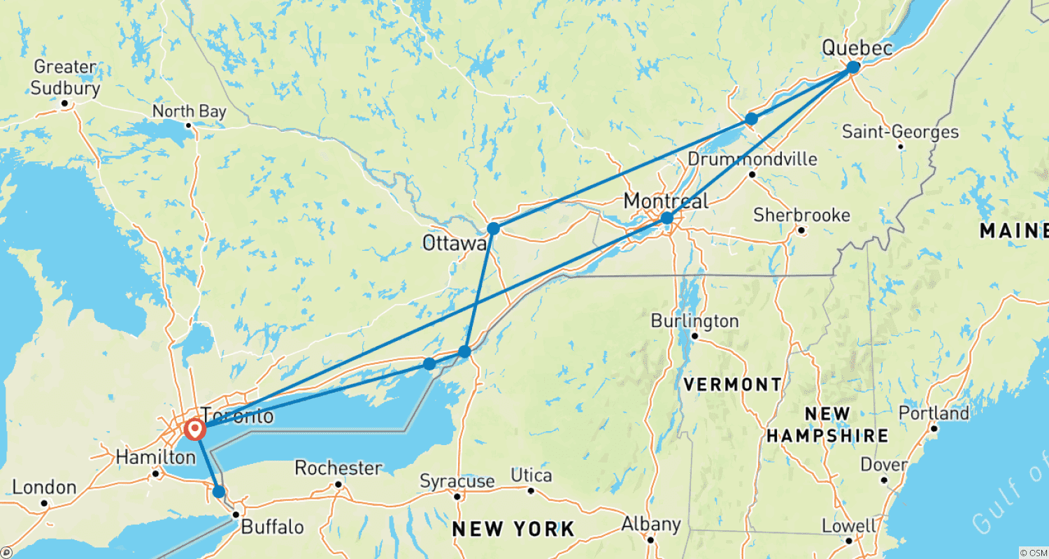 Mapa do percurso de Ontário e Canadá Francês com Estadia Prolongada em Toronto (9 destinos)