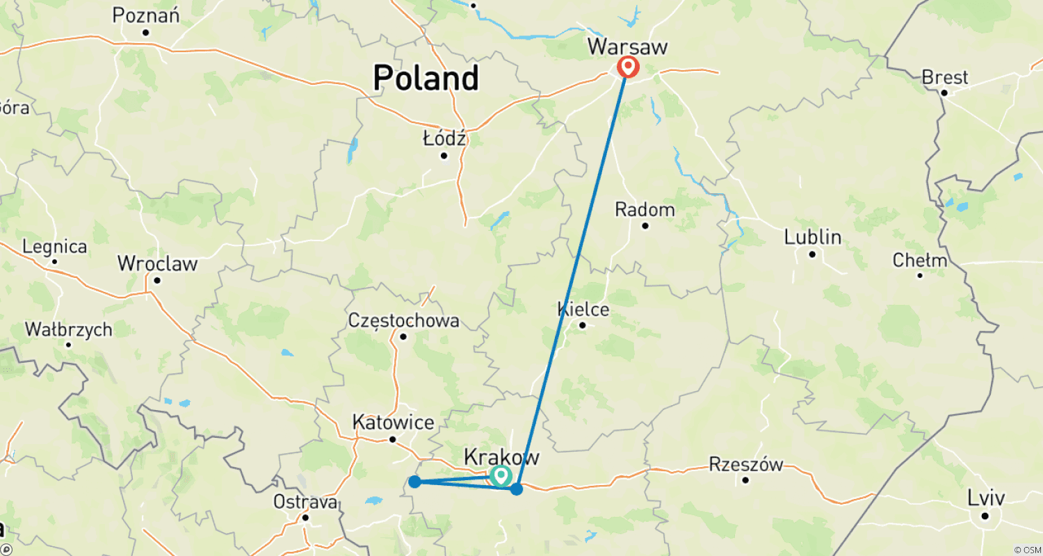 Mapa do percurso de 3 dias em Cracóvia e 3 dias em Varsóvia (transfers, passeios e acomodação)